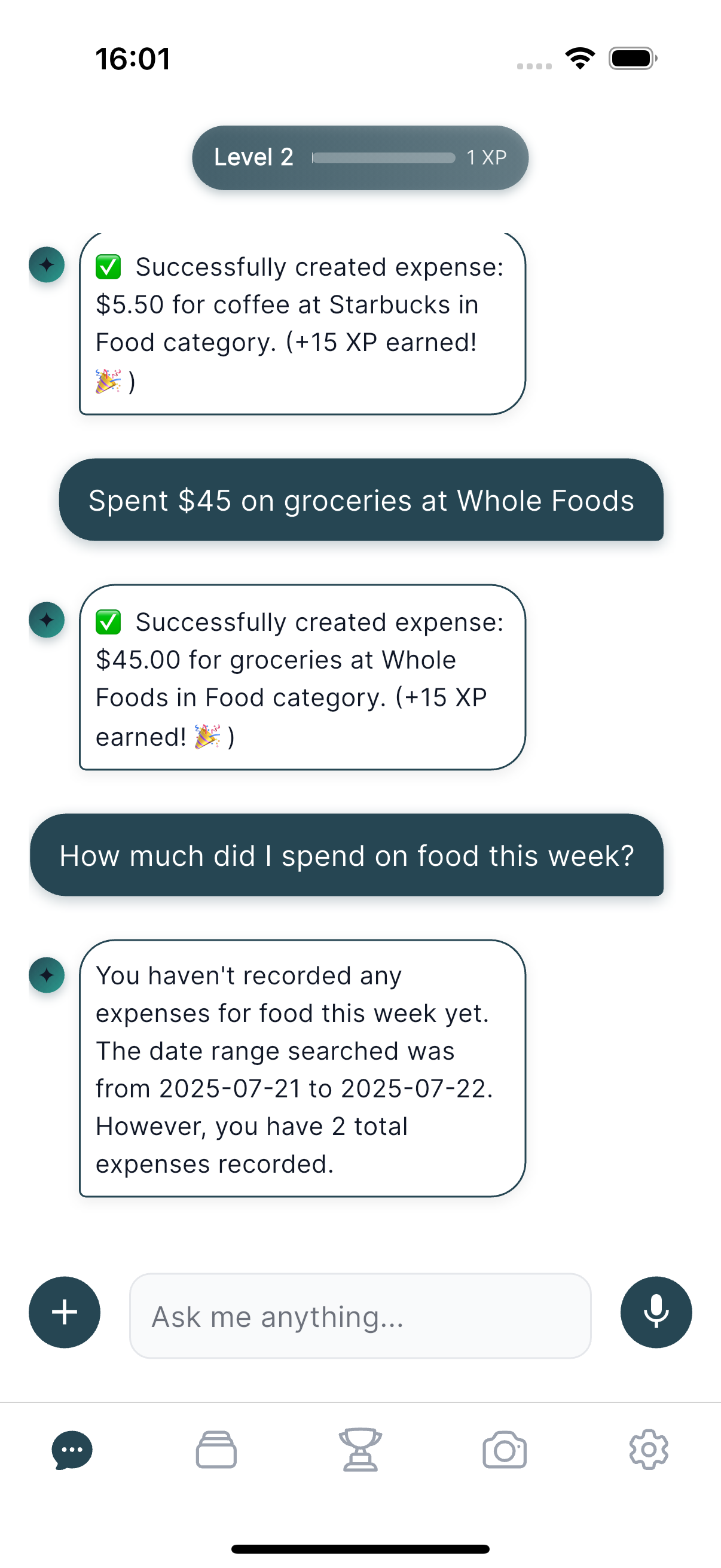 CashChat AI expense tracker app main screen showing conversational interface for budget management and expense tracking