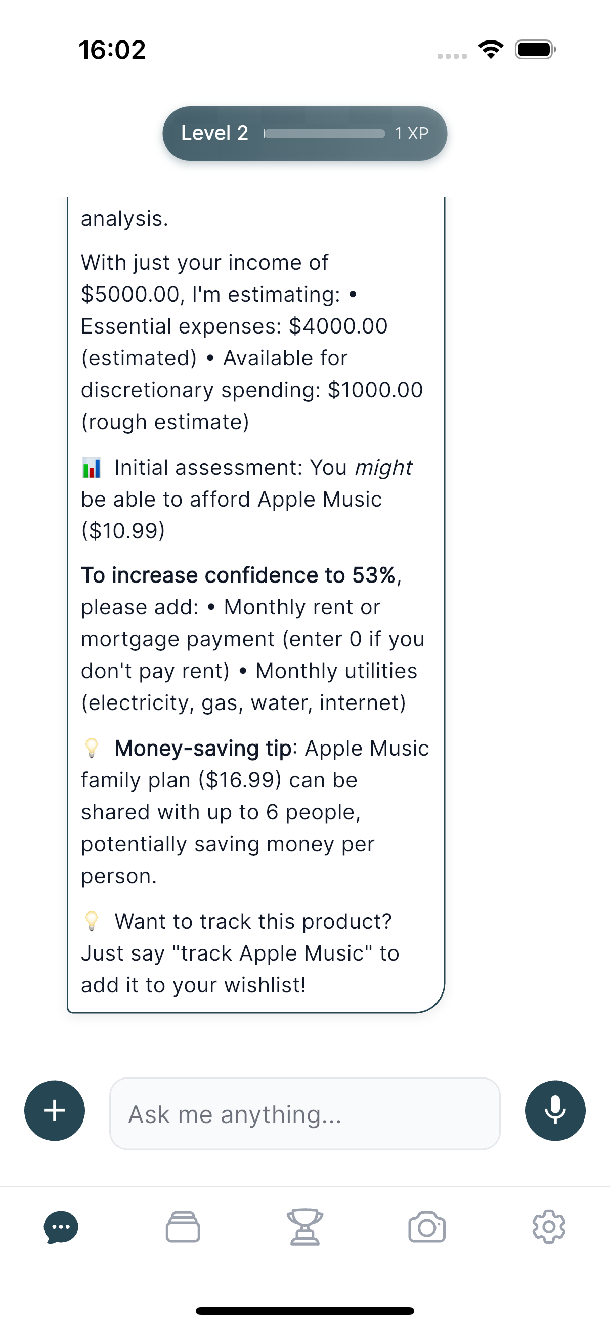 AI affordability analysis showing spending breakdown and recommendations