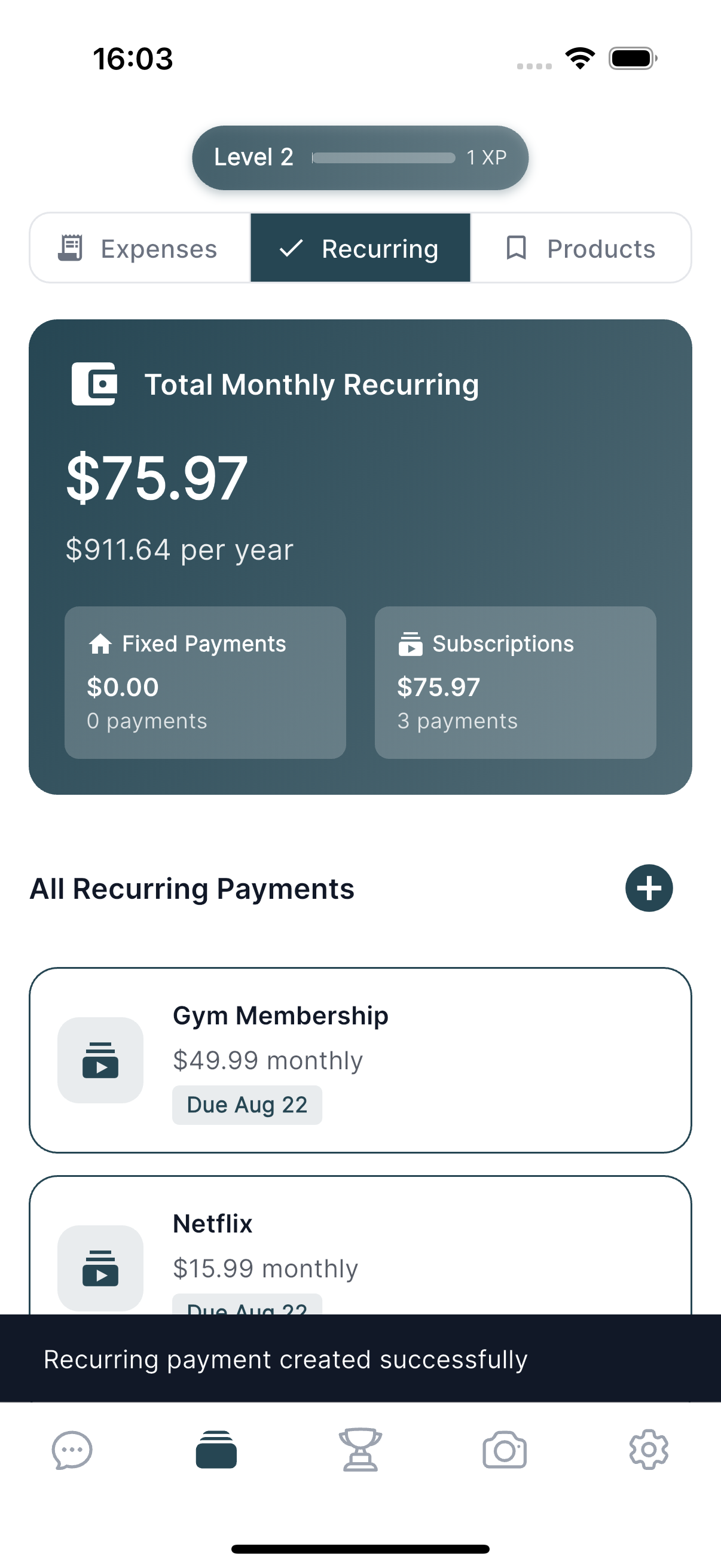 Recurring payments tracking screen showing subscriptions and monthly totals
