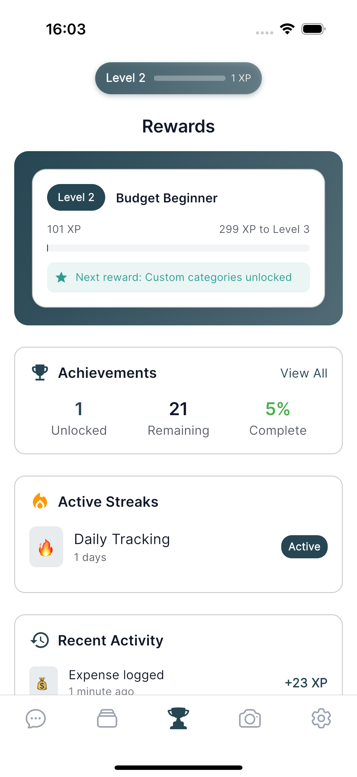 Gamification screen showing user level, achievements, and activity streaks